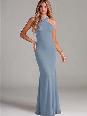 Azazie Sleeveless Cross-Halter Maxi Dress in Dusty Blue